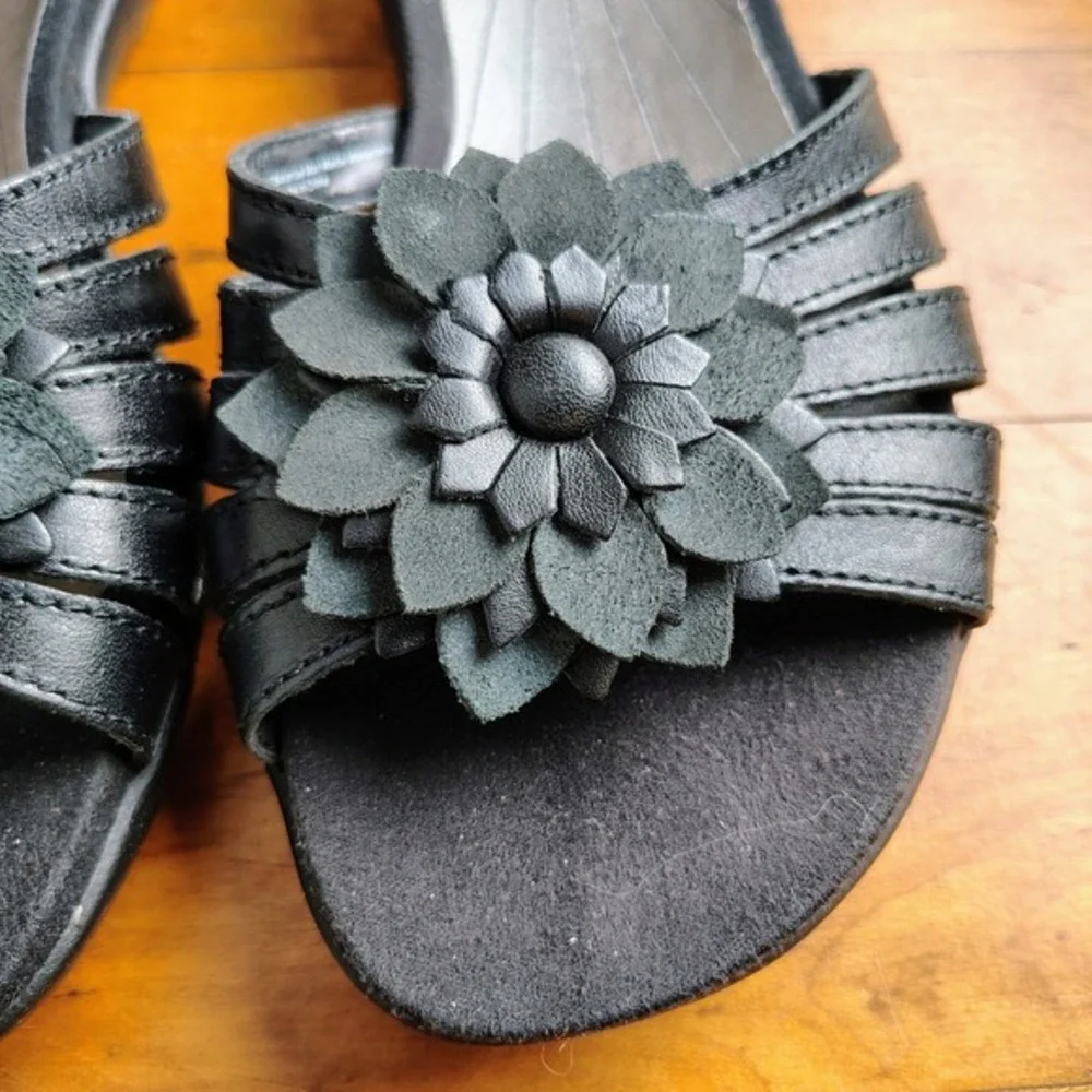Array Womens Black Leather Floral Slide Sandals Wedge Heel‎ 10M summer fun